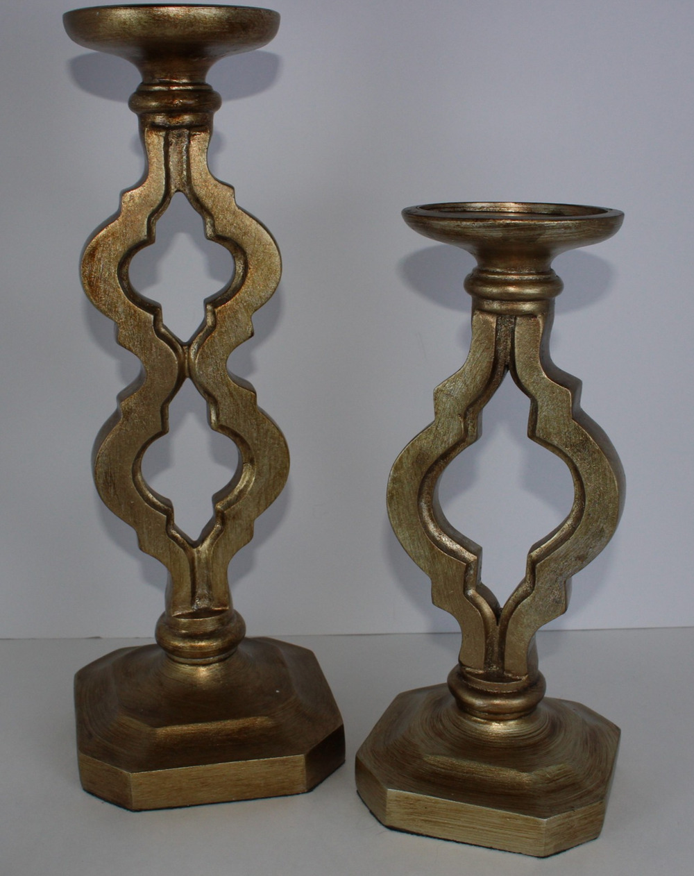 Set of 2 Gold Tone Quartrefoil Candle Holders 13.5" & 10"